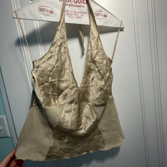 NEW Armani Exchange Silk Gold Halter Top Women's Large Fawn metallic tank NWT - Picture 6 of 7